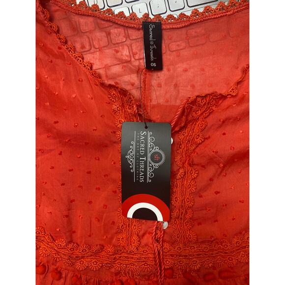 Sacred Threads Coral Tassel & Pom-Pom Dot Tunic Top Size Small - Picture 8 of 9